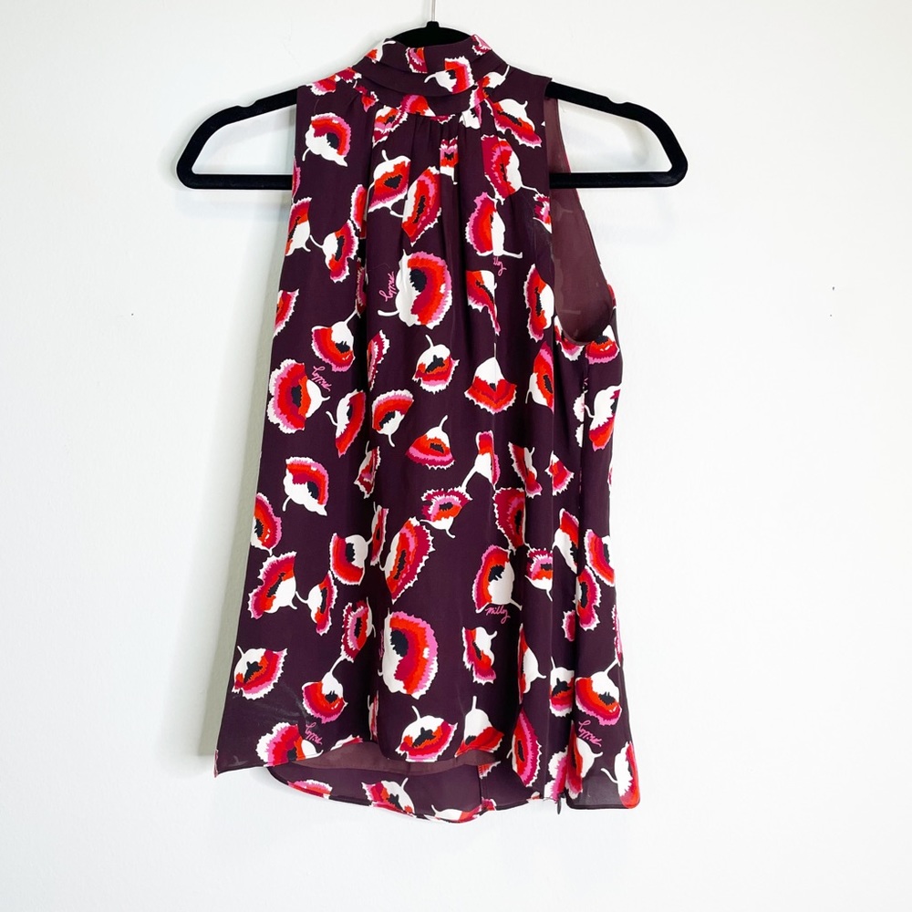 MILLY of New York merlot ‘poppy’ print sleeveless 100% silk blouse